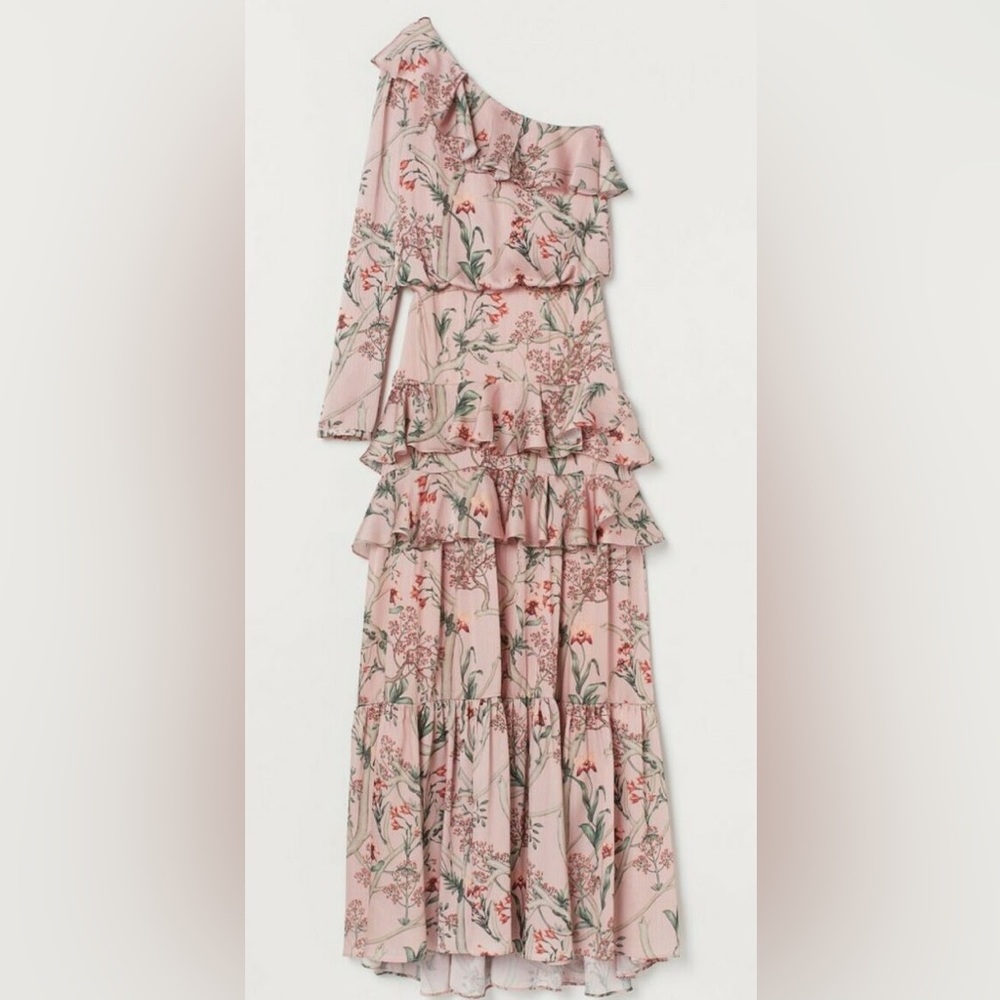 H&M x Johanna Ortiz Pink One Shoulder Floral Tiered Satin Maxi Dress
